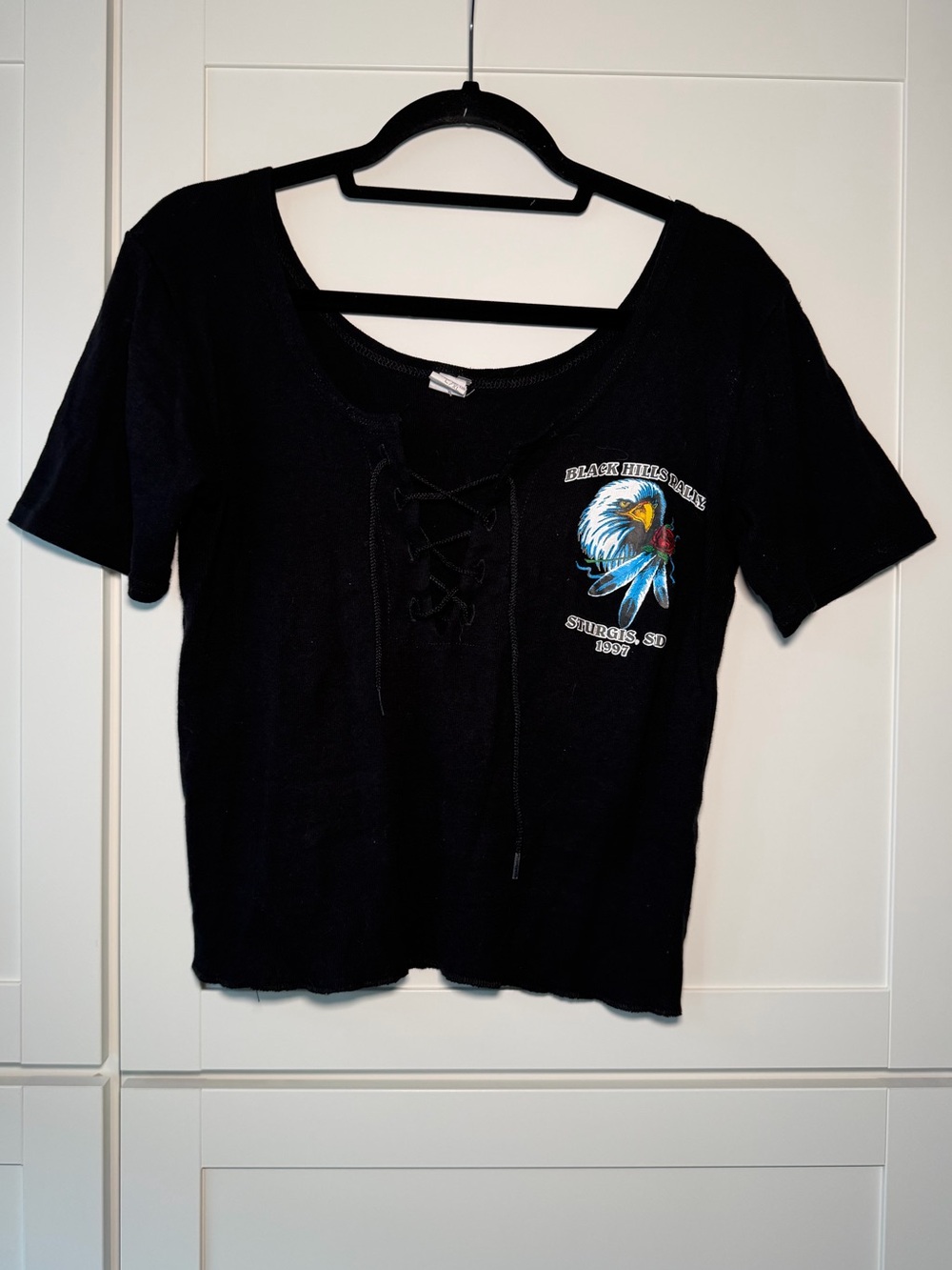 Vintage 90’s Moto Cropped Grunge Biker Crop Top Graphic Lace Up Gothic Baddie